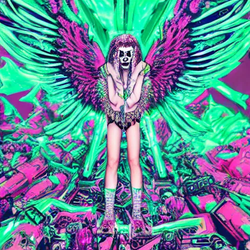 Image similar to a highly detailed symmetric wide shot of Grimes as a fallen angel, sitting in a large glittery hell simulation with skulls and neon computer code, trending on artstationHD