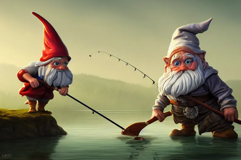 Image similar to legendary elegant gnome fishing in lake, highly detailed, d & d, fantasy, highly detailed, digital painting, trending on artstation, concept art, sharp focus, illustration, global illumination, ray tracing, realistic shaded, art by artgerm and greg rutkowski and fuji choko and viktoria gavrilenko and hoang lap