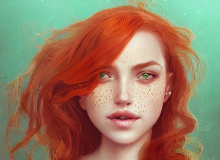 Prompt: portrait of a beautiful smiling girl with orange hair and freckles, green eyes, intricate, elegant. highly detailed, digital painting, artstation, concept art, smooth, sharp, focus, illustration. background is purple, art by artgerm and Ross Tran