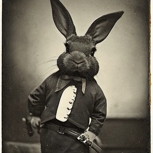 Image similar to a rabbit dressed as a pirate, victorian photograph