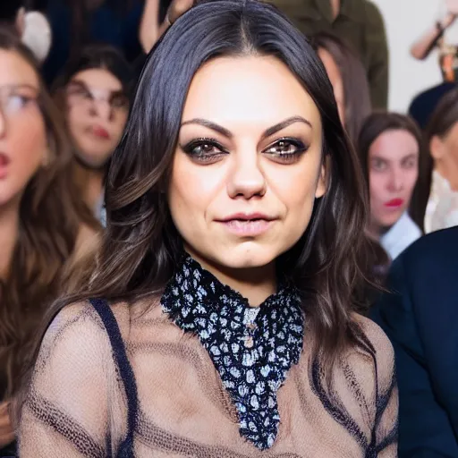 Image similar to Mila Kunis at a fashion show, clothed, XF IQ4, f/1.4, ISO 200, 1/160s, 8K, RAW, unedited, symmetrical balance, in-frame, sharpened