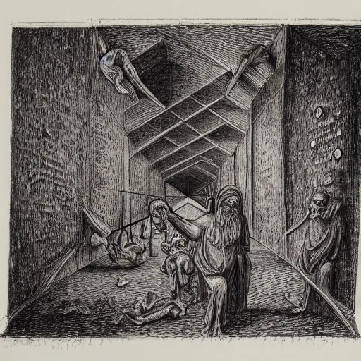 Image similar to frame:1 tortured soul in a nightmarish hell, by escher, by Leonardo da Vinci