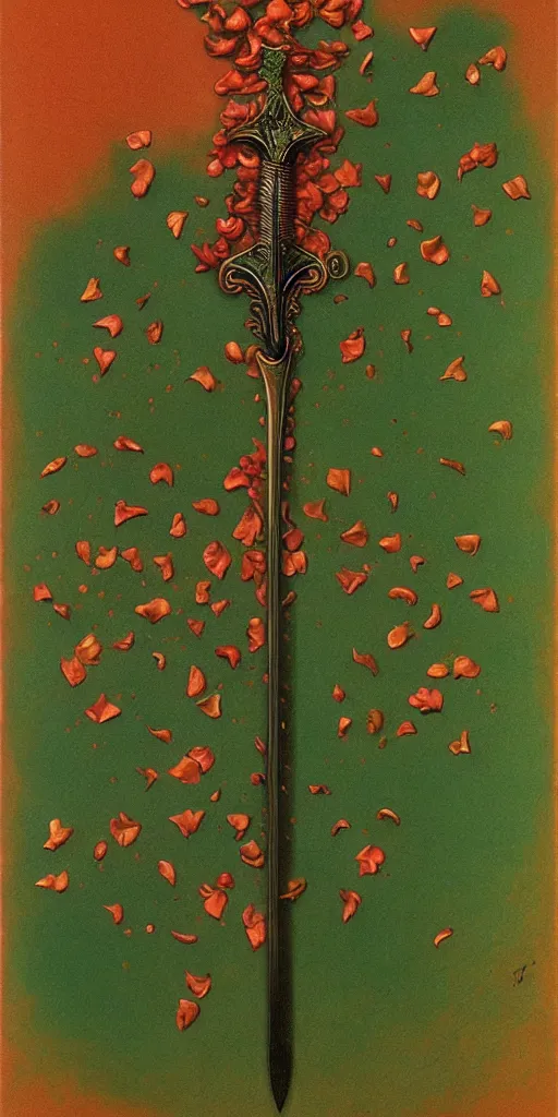 Image similar to a sword made from flower petals in the style of zdzisław beksinski, elegant, copper and emerald, shining