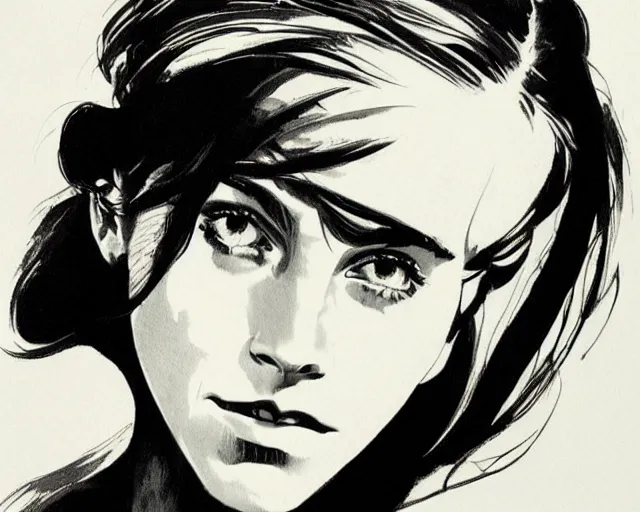 Prompt: portrait of emma watson by frank frazetta, black and white illustration, inked