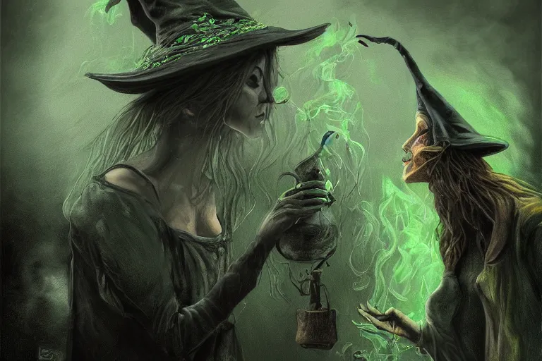 Image similar to close shot of a witch brewing in her lair, depressing, gloomy, tired, detailed, witch hat, dungeon, green smoke, fire, smoke, realism, realistic, hyper detailed, green lighting, ambient lighting, smoke, haze, bokeh, acrylic, digital painting,