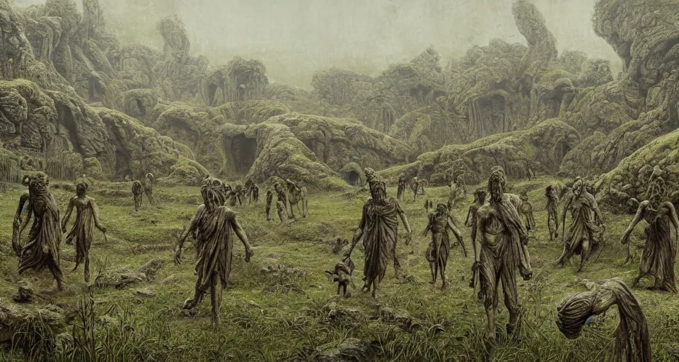 Image similar to ancient greek people walking in the ancient greek lush overgrown labyrinth, by giger, stalenhag, beksinski, retro sci - fi movie, highly detailed, photorealistic, illustration, matte painting, 8 k, hd, trending on artstation