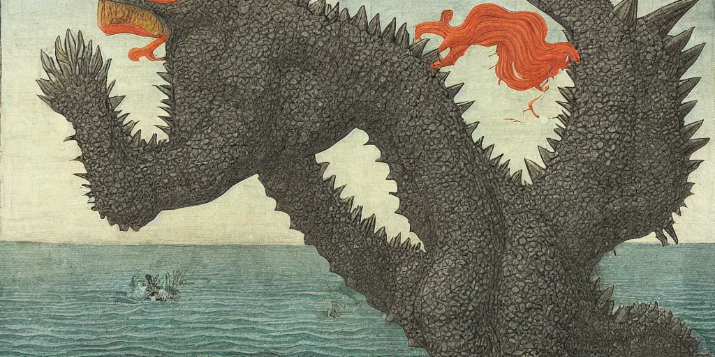 Image similar to godzilla by sandro botticelli, painting