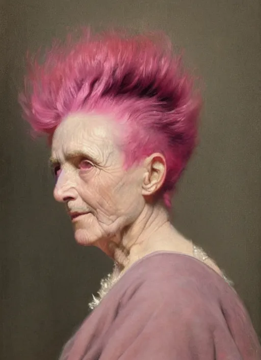 Image similar to a detailed portrait of old woman with a mohawk by edouard bisson, year, 1 9 0 0, pink hair, punk rock, oil painting, muted colours, soft lighting