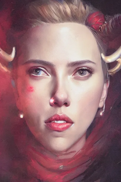 Prompt: a fancy portrait of a Scarlett Johansson with horns by Greg Rutkowski, Sung Choi, Mitchell Mohrhauser, Maciej Kuciara, Johnson Ting, Maxim Verehin, Peter Konig, final fantasy , mythical, 8k photorealistic, cinematic lighting, HD, high details, atmospheric,