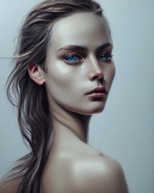 Image similar to portrait of a beautiful woman, enigmatic beauty, head in focus, intricate, elegant, highly detailed, hyperrealistic, concept art, painterly, sharp focus, art by emilia elfe