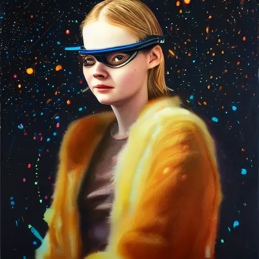 Prompt: portrait of a elle fanning wearing night vision goggles surrounded by orange glowing flames, detailed realism face in painting, detailed beautiful portrait, oil painting masterpiece, 8 k resolution, smooth, sharp focus, trending on artstation, by rembrandt