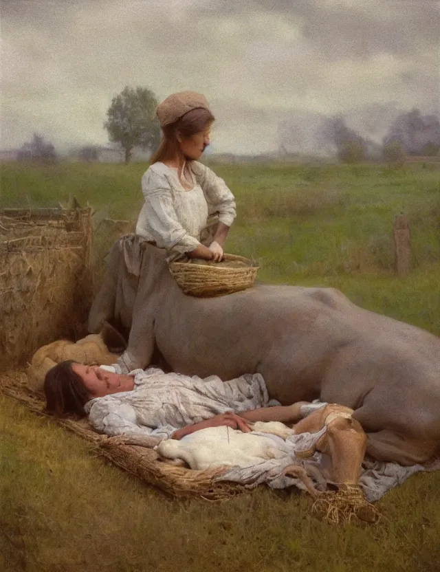 Image similar to peasant girl sleeping with a cow on a farm, cottage core, polaroid photo bleached vintage pastel colors high - key lighting, soft lights, foggy, by steve hanks, by lisa yuskavage, by serov valentin, by tarkovsky, 8 k render, detailed, oil on canvas