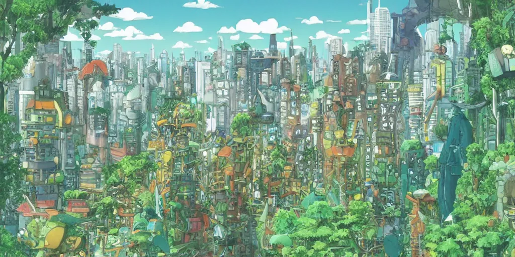 Image similar to future city covered by forest creature, flying, culture, smooth, by studio ghibli