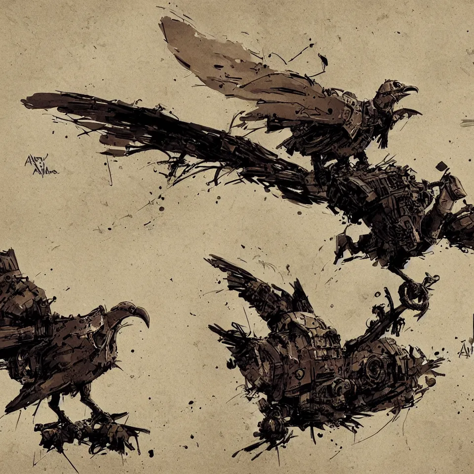 Image similar to a detailed concept art of a steampunk bird by ashley wood, dynamic lighting, cinematic, epic composition, masterpiece