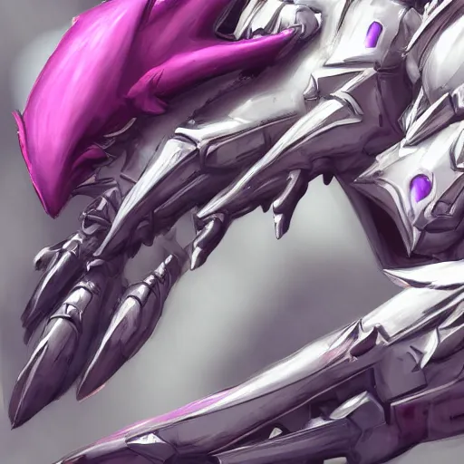 Prompt: very close up foot pov shot, detailed foot shot, feet art, furry paw pov, paw pov, dragon paw, paws, hyperdetailed elegant beautiful stunning hot anthropomorphic mecha female dragon, sharp silver armor fuchsia skin, showing quality detailed paws mecha dragon feet at camera, sharp claws, warframe fanart, furaffinity, deviantart, ekasportal