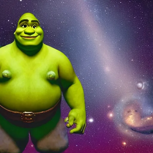 Prompt: a real life photo of Shrek as the great Celestial grandfather of the universe,detailed