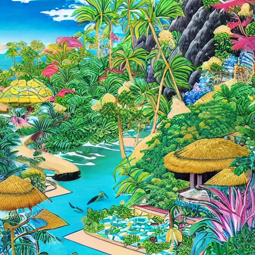 Prompt: a beautiful painting of a tropical island paradise by hirohiko araki, detailed line art, jojos bizarre adventure