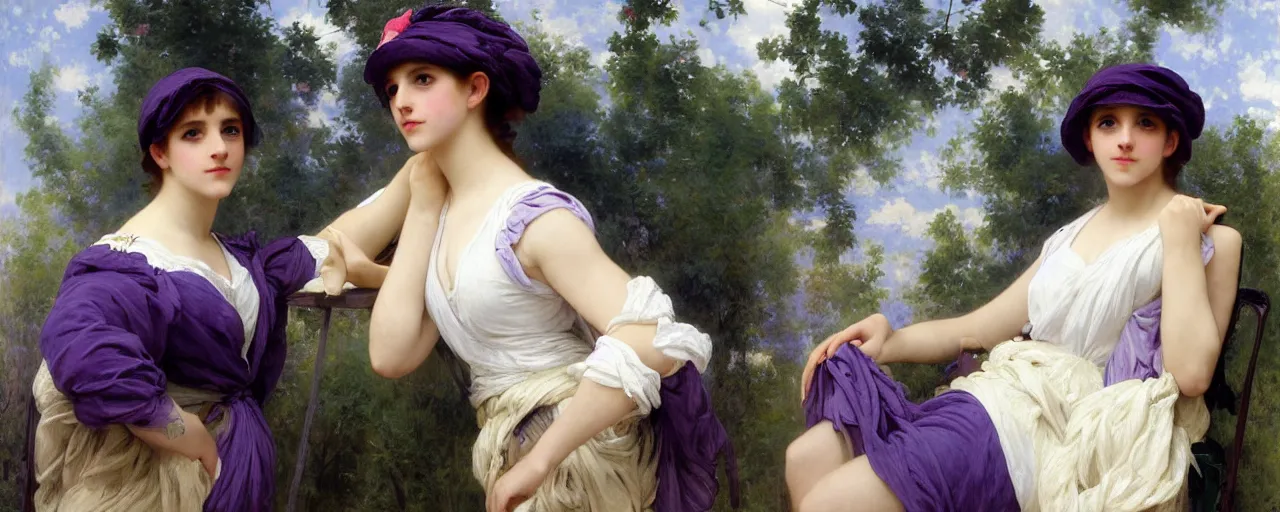 Prompt: Emma Watson wearing an oversized purple Beret, Purple overall shorts, Short Puffy pants made of silk, pointy jester shoes, a big billowy scarf, and white leggings. Rainbow accessories all over. Flowing fabric. Covered in stars. Short Hair. Art by william-adolphe bouguereau and Paul Delaroche and Alexandre Cabanel and Lawrence Alma-Tadema and WLOP and Artgerm. Fashion Photography. Decora Fashion. harajuku street fashion. Kawaii Design. Intricate, elegant, Highly Detailed. Smooth, Sharp Focus, Illustration Photo real. realistic. Hyper Realistic. Sunlit. Moonlight. Dreamlike. Surrounded by clouds. 4K. UHD. Denoise.