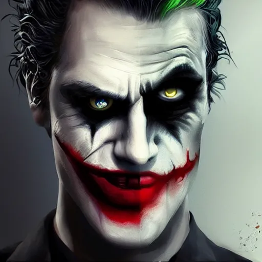 Image similar to the dark knight with joker makeup on the face, digital painting, amazing detail, artstation, cgsociety