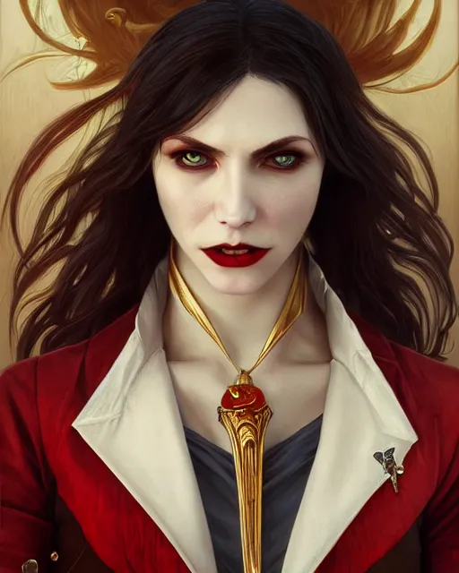 Prompt: female vampire, perfect face, gold waistcoat, red shirt, long grey hair, red necktie, cinematic, stunning, highly detailed, digital painting, artstation, smooth, hard focus, full body shot, illustration, art by artgerm and greg rutkowski and alphonse mucha