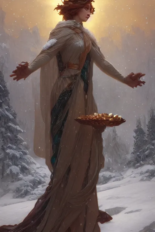 Image similar to goddess of winter solstice, only two hands, highly detailed, digital painting, artstation, concept art, smooth, sharp focus, illustration, unreal engine 5, 8 k, art by artgerm and greg rutkowski and edgar maxence and alphonse mucha