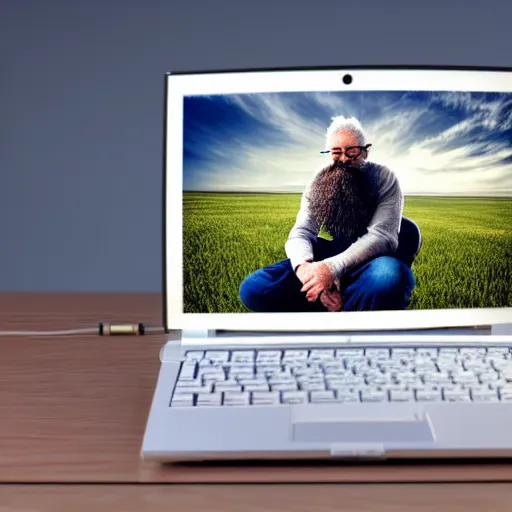 Image similar to realistic photo of a bearded old man sitting on a cloud in the sky using a desktop computer 3 5 mm hdr sunny