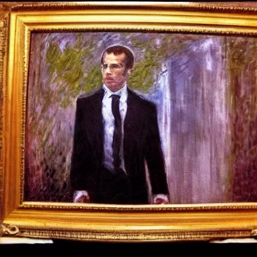 Image similar to Claude Monet painting Emmanuel Macron in American Psycho (1999)