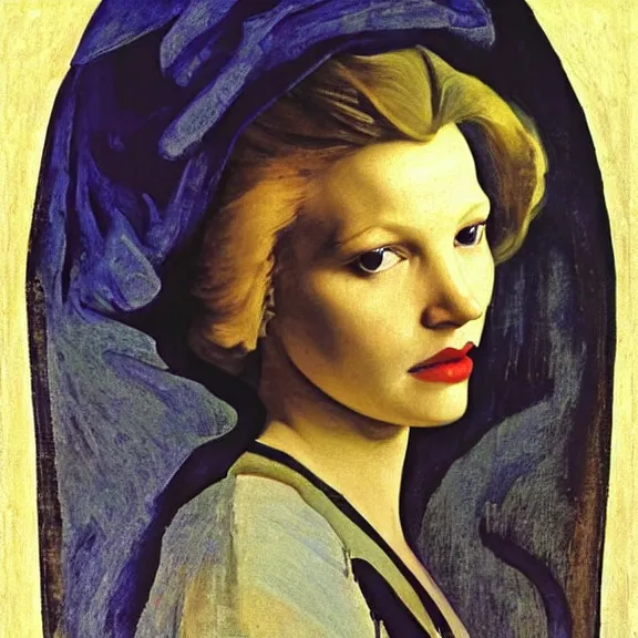 Image similar to gena rowlands by Annie Swynnerton and Nicholas Roerich and Vermeer, strong dramatic, cinematic lighting, ornate crown, lost civilizations, smooth, sharp focus, extremely detailed