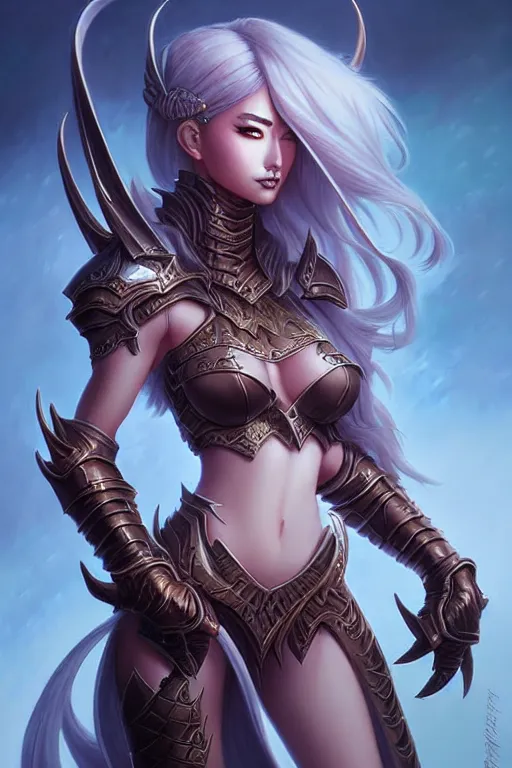 Image similar to sakimi chan, detailed face, standing, fantasy armor, tony sart