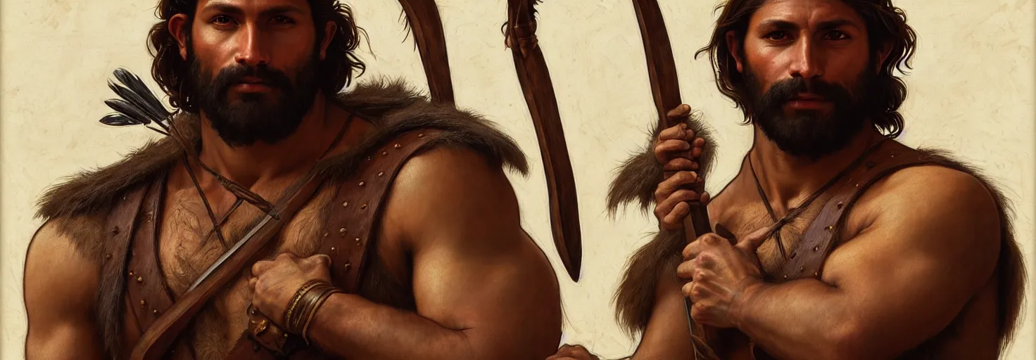Prompt: renaissance upper body portrait of a gruff ranger with a spear, Cherokee Indian, lean and toned, handsome face, hairy chest, D&D, intricate, elegant, highly detailed, digital painting, artstation, concept art, matte, sharp focus, illustration, art by da Vinci, Artgerm and Greg Rutkowski and Alphonse Mucha