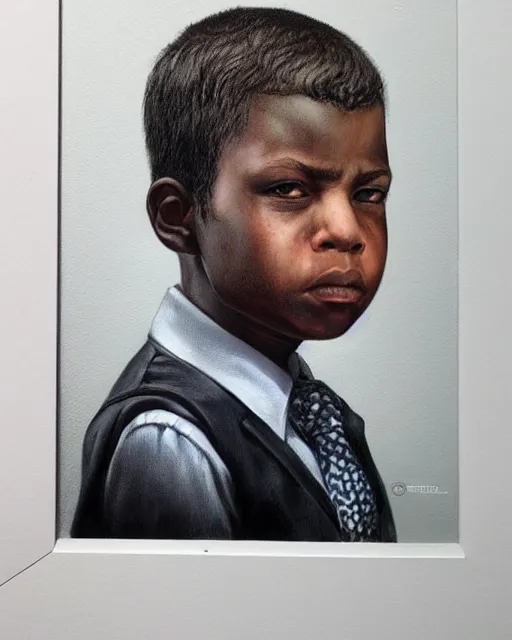 Image similar to portrait of a 7 year old child gang leader, dark, gritty, wearing a suit, criminal, very detailed eyes, hyperrealistic, beautiful, very detailed painting by Glenn Fabry, by Joao Ruas, by Artgerm