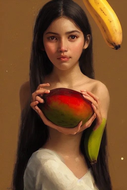 Image similar to portrait of mexican girl with a banana fruit skirt, staring directly into camera, intricate, elegant, glowing lights, highly detailed, digital painting, artstation, sharp focus, illustration, art by wlop, mars ravelo and greg rutkowski