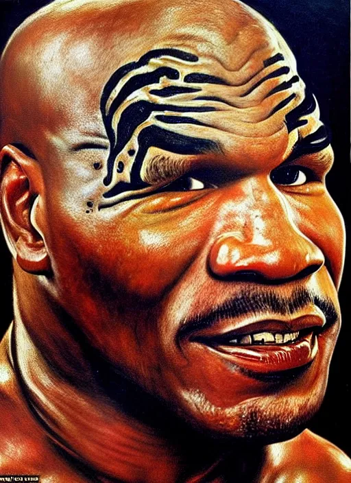 Image similar to oil portrait of mike tyson : : evocative of lurid, grisly, disgusting picture of dorian grey : : painted by chicago painter ivan albright in 1 9 4 5