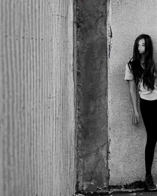 Prompt: black and white photo, a young girl stands near a wall looking longingly into her girlfriend's eyes, cdx