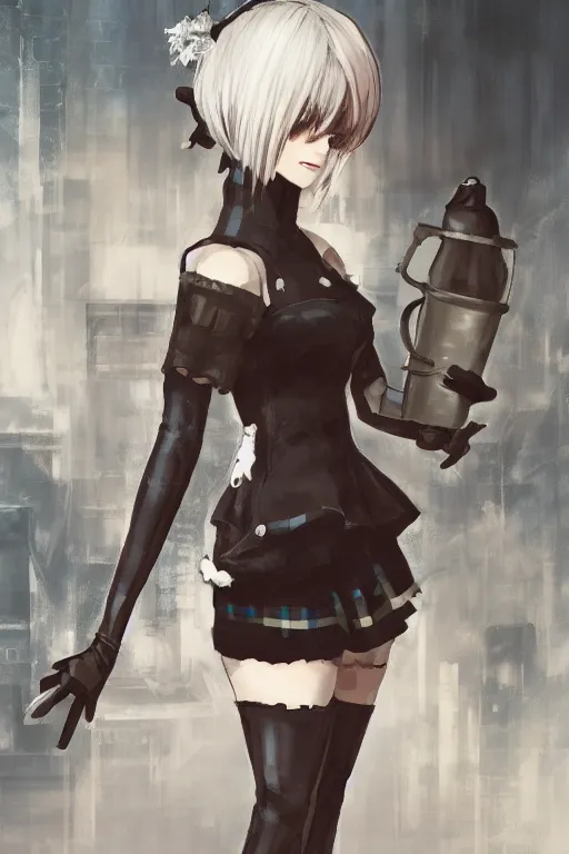 Prompt: Concept art of 2B from Nier Automata wearing a tartan miniskirt and holding a cup of tea