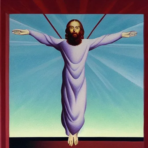 Image similar to very very detailed painting of jesus christ flying through space and time, radiating pure light, painted by rene magritte