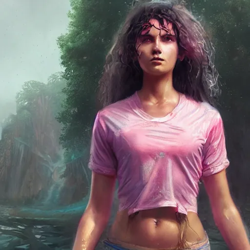 Image similar to an beautiful female survivor wearing a pink shirt, goddess, wet flowing hair, blurry backround, artstation, matte painting, made by greg rutkowski, concept art, epic portrait, 8 k, insanely detailed,