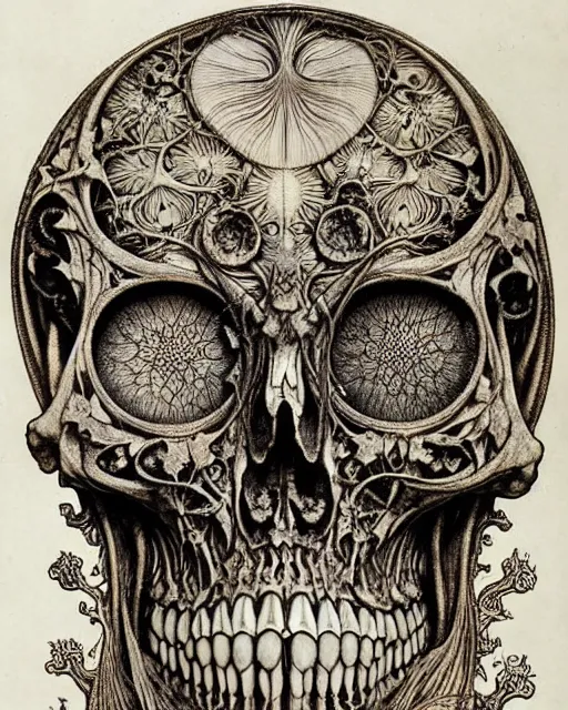 Image similar to memento mori by arthur rackham, art forms of nature by ernst haeckel, exquisitely detailed, art nouveau, gothic, ornately carved beautiful skull dominant, intricately carved antique bone, art nouveau botanicals, ornamental bone carvings, art forms of nature by ernst haeckel, horizontal symmetry, arthur rackham, ernst haeckel, symbolist, visionary