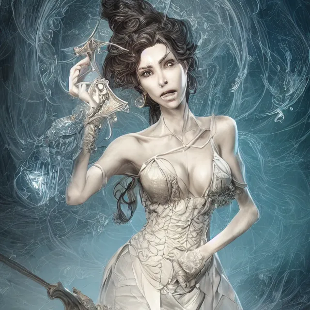Image similar to the portrait of the lawful evil sorceress lawyer as an absurdly beautiful, graceful, elegant, sophisticated, woman, an ultrafine hyperdetailed illustration by kim jung gi, irakli nadar, intricate linework, bright colors, octopath traveler, final fantasy, unreal engine 5 highly rendered, global illumination, radiant light, detailed and intricate environment