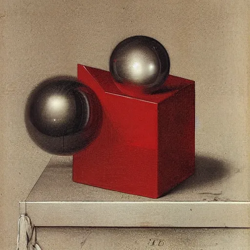 Prompt: chrome spheres on a red cube by ambrosius bosschaert