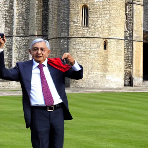 Image similar to amlo pointing the gun at his head, being in windsor castle.