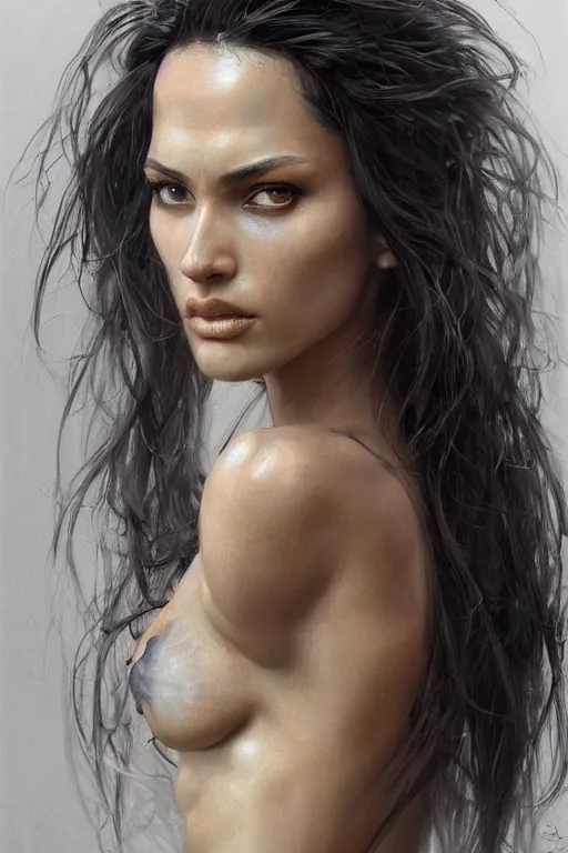 Prompt: Portrait of a Brazilian Supermodel, olive skin, long dark hair, beautiful bone structure, marvel comics, dark, intricate, highly detailed, smooth, artstation, digital illustration by Ruan Jia and Mandy Jurgens and Artgerm and Wayne Barlowe and Greg Rutkowski and Zdislav Beksinski