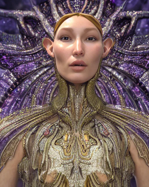 Prompt: a highly detailed metahuman 4 k close up render of an alien goddess bella hadid monument amor in iris van herpen dress schiaparelli in diamonds crystals swarovski and jewelry iridescent in style of alphonse mucha gustav klimt trending on artstation made in unreal engine 4