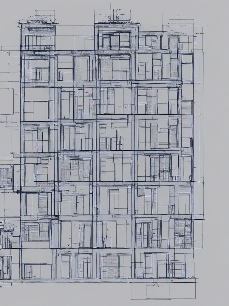 Image similar to Architecture blueprint copy, an impossible building. Vertical cut. Technical drawing