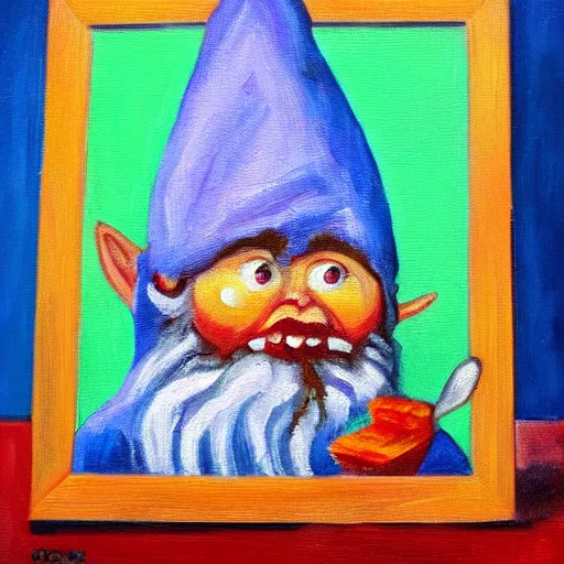 Image similar to oil painting of an angry gnome screaming while eating