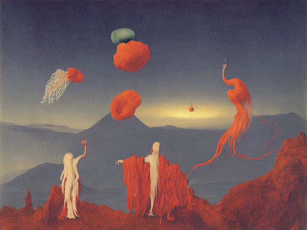 Image similar to albino mystic, with his back turned, looking at the Aurora over over the volcano in the distance, with beautiful exotic hoopoe, jellyfish. Painting by Jan van Eyck, Audubon, Rene Magritte, Agnes Pelton, Max Ernst, Walton Ford