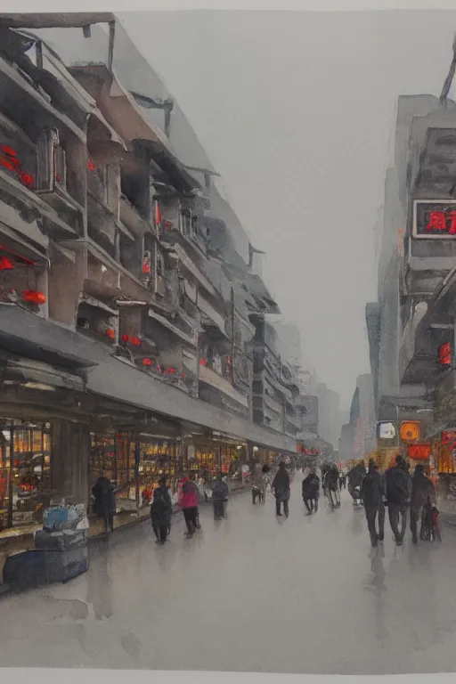 Image similar to A watercolor depicting an empty Xujiahui, gloomy weather, high contrast, smooth, by Joseph Zbikowicz, 8k