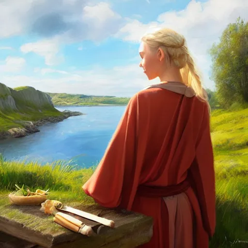 Prompt: blonde female jedi, Swedish countryside, landscape view, archipelago, painting by Vladimir Volegov, wlop, artstation