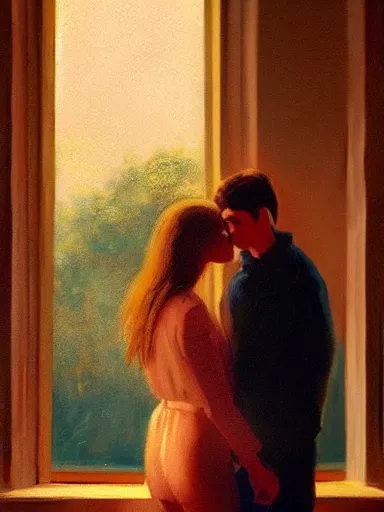 Image similar to masterpiece painting by jean hugo, of a solo individual portrait of a guy and a girl kissing, cinematic light, atmospheric effects, artstation