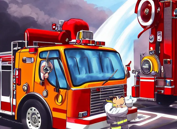 Image similar to firefighter driving a firetruck, anime fantasy illustration by tomoyuki yamasaki, kyoto studio, madhouse, ufotable, trending on artstation